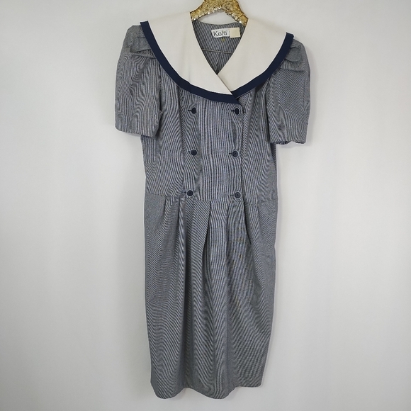 Vintage Dresses & Skirts - Vintage 80s Kolo Navy and White Plus Size Sailor Midi Dress Nautical Chic